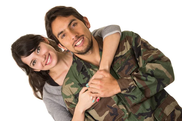 Young military soldier returns to meet his wife girlfriend — Stock Photo, Image