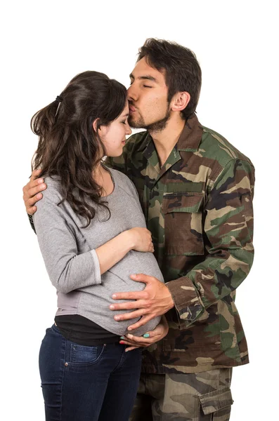 Happy proud military soldier hugging pregnant wife — Stock Photo, Image