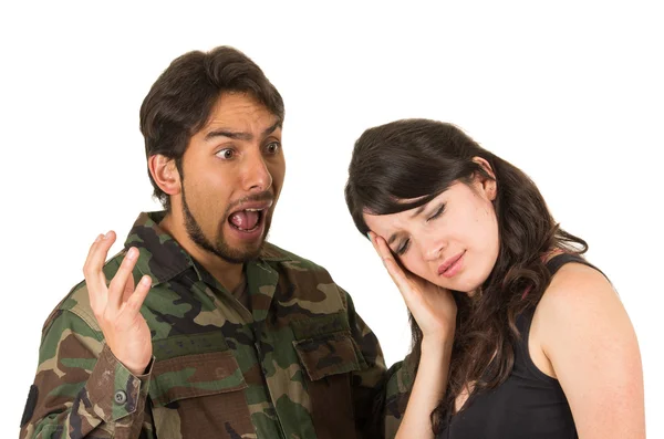 Distraught military soldier veteran ptsd fighting with wife — Stock Photo, Image