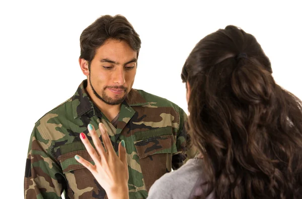 Wife of military soldier waving goodbye — Stock Photo, Image