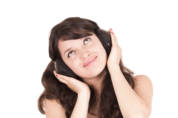 年轻漂亮的时髦女孩使用头戴式耳机 — 图库照片