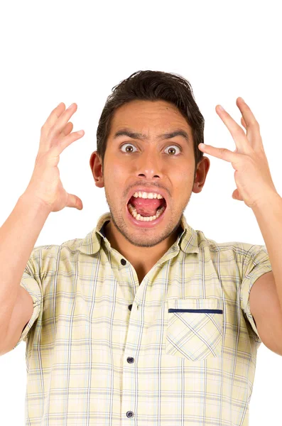 Jovem bonito hispânico homem expressando choque — Fotografia de Stock