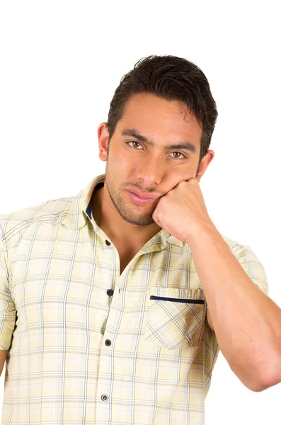 Young handsome hispanic man bored — Stock Photo, Image