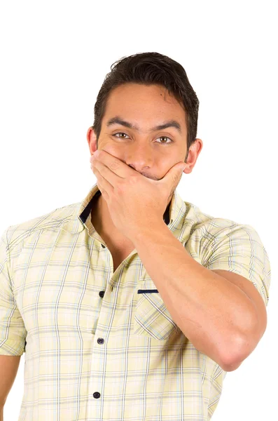 Jovem bonito hispânico homem expressando surpresa — Fotografia de Stock