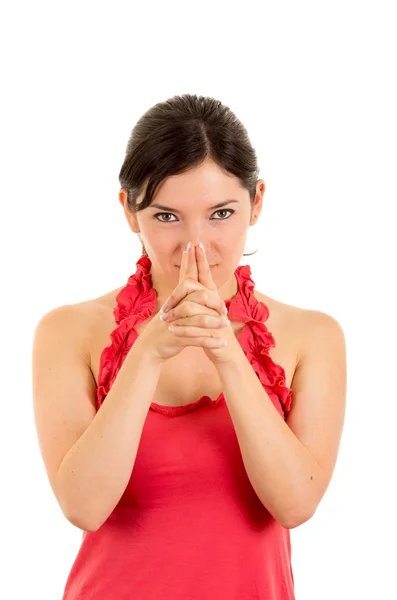 Beautiful young woman gesturing a gun with hands — Stock Photo, Image