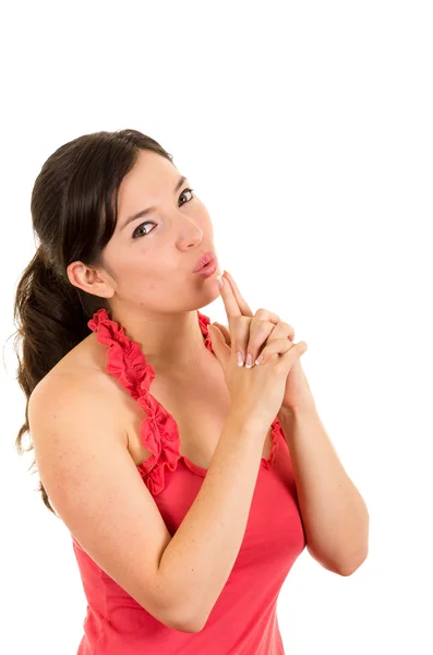 Beautiful young woman gesturing a gun with hands — Stock Photo, Image