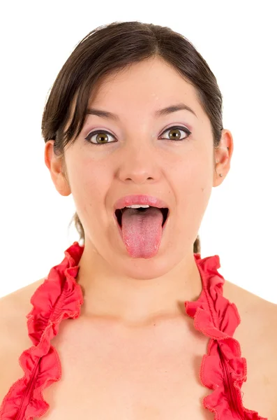 Beautiful young woman with tongue out — Stock Photo, Image