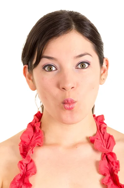 Beautiful young woman gesturing kiss — Stock Photo, Image