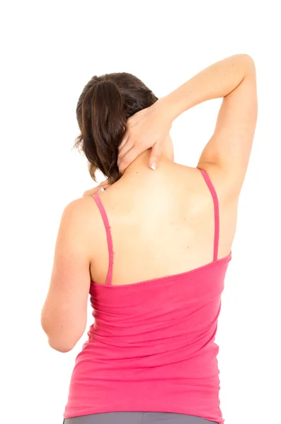 Jovem mulher bonita com dor nas costas — Fotografia de Stock