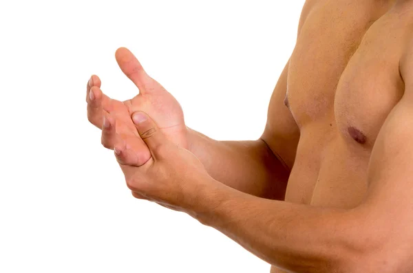 Gespierde shirtless man met hand pijn — Stockfoto