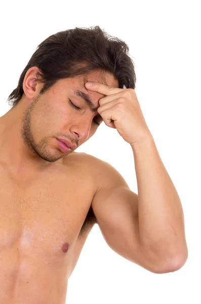 Gespierde shirtless man met hoofdpijn — Stockfoto