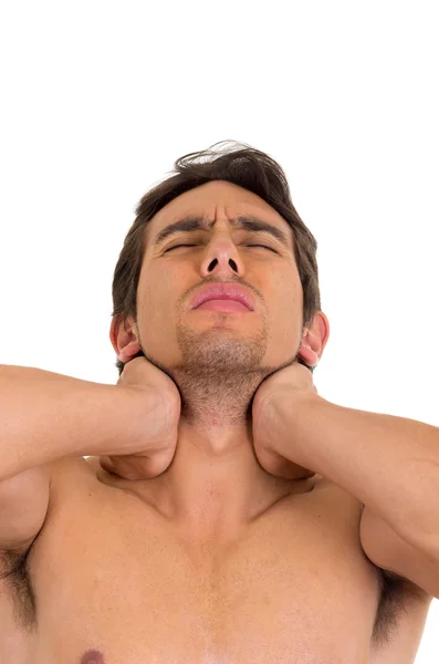 Muscular shirtless man with neck pain — Stock Photo, Image