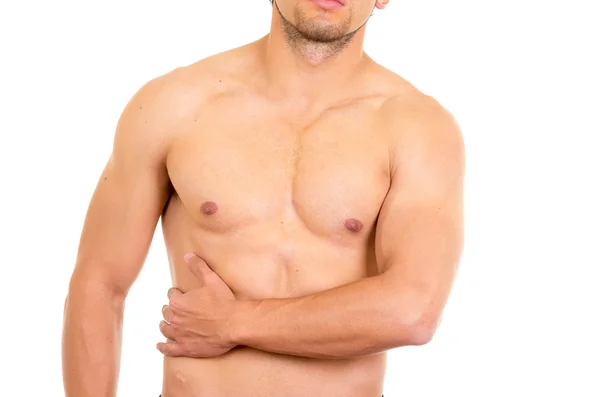 Hombre musculoso sin camisa con dolor en el abdomen derecho — Foto de Stock