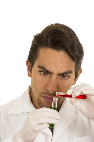 Male lab researcher technician scientist doctor holding test tubes — Stock Photo, Image