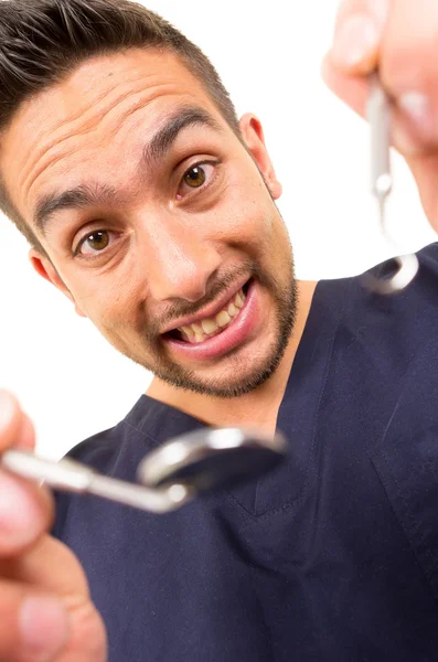 Närbild porträtt manliga tandläkare från patienter synvinkel — Stockfoto