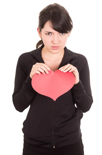 Mooi triest jonge meisje houdt van een rood hart concept van heartbreak — Stockfoto