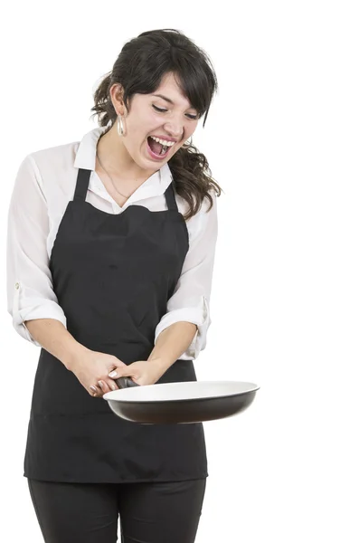 Young beautiful female chef wearing black apron — Stock Photo, Image