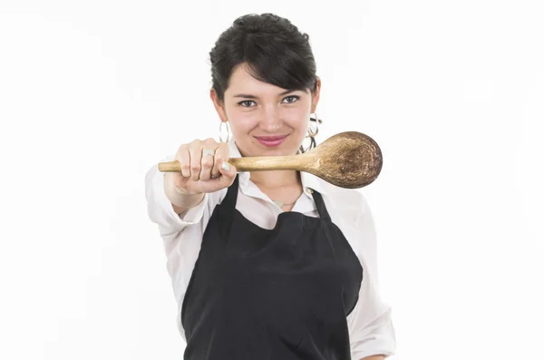 Joven hermosa mujer chef con delantal negro — Foto de Stock