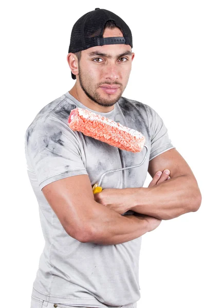 Jovem muscular latino pintor de construção — Fotografia de Stock