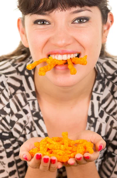 Young girl overeating junk food — Stock Photo, Image