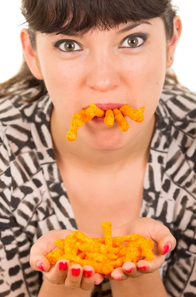 Jovem menina comer demais junk food — Fotografia de Stock