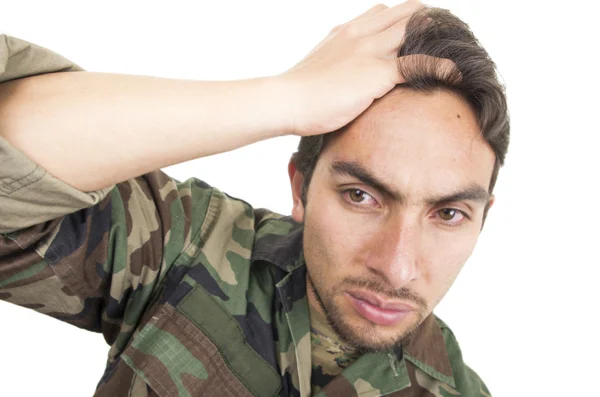 Distraught military soldier veteran ptsd with teary eyes — Stock Photo, Image
