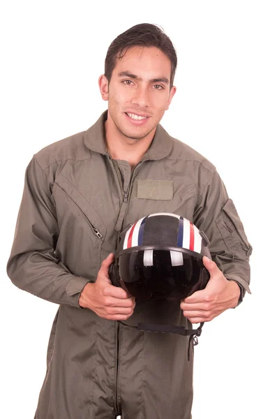 Genç erkek İspanyol pilot holding kask — Stok fotoğraf