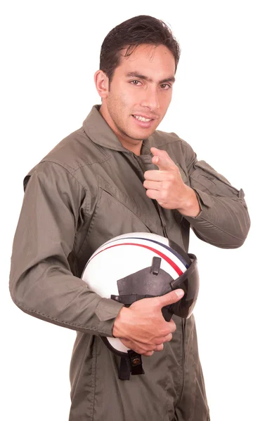 Jovem piloto hispânico masculino segurando capacete — Fotografia de Stock