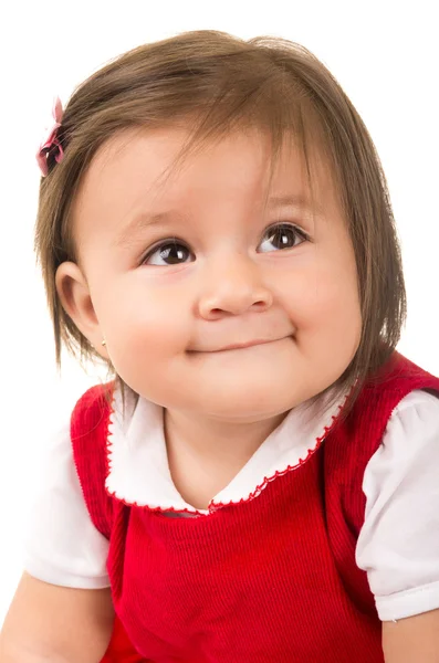 Portrait of adorable brunette baby girl wearing red dress — Stock Photo, Image