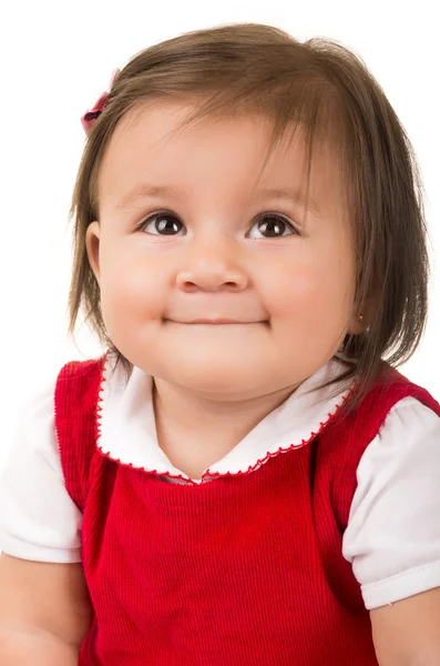 Retrato de adorable morena bebé niña usando vestido rojo —  Fotos de Stock