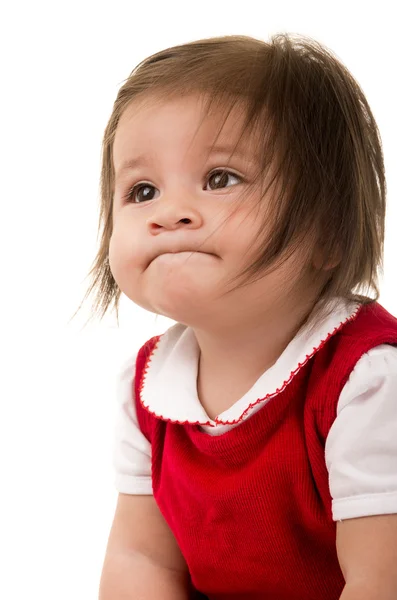 Retrato de adorable morena bebé niña usando vestido rojo —  Fotos de Stock