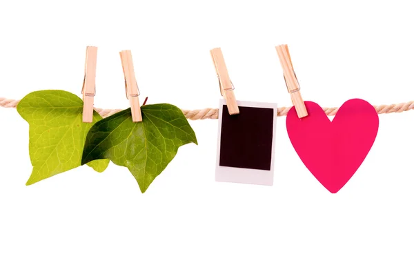 Green leaves heart shape and instant photo hanging on a rope clothesline — Stock Photo, Image