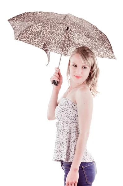 Όμορφο νεαρό κορίτσι στέκεται εκμετάλλευση ομπρέλα — Φωτογραφία Αρχείου