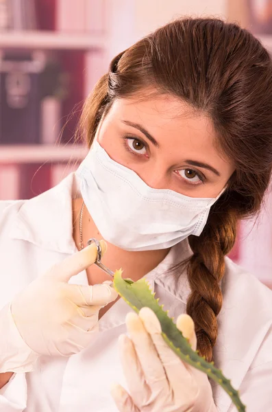 Young beautiful woman biologist experimenting with green leaf — Stock Photo, Image