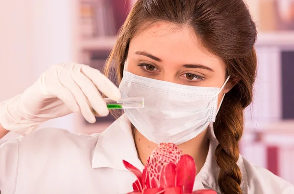 Bella biologa femminile sperimentare con fiore rosso — Foto Stock