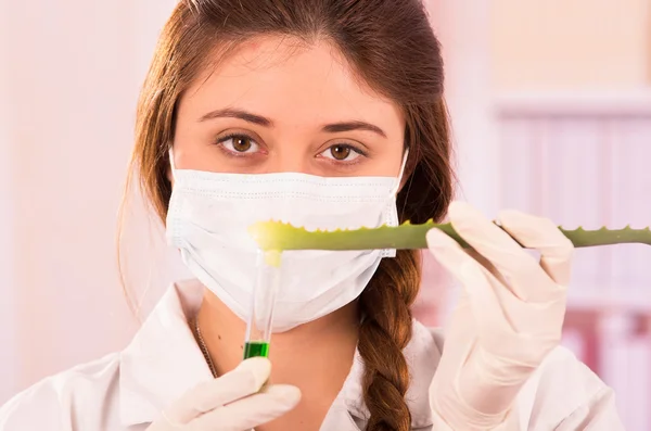 Young female biologist experimenting with leaf — Stock Photo, Image
