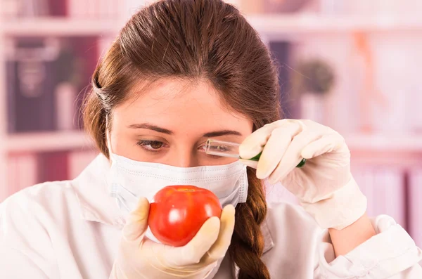 Young beautiful woman biologist experimenting with a tomato — Stock Photo, Image