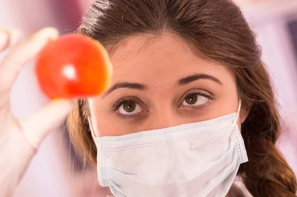 Junge schöne Biologin experimentiert mit Tomate — Stockfoto