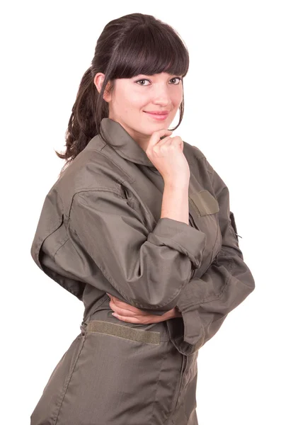 Beautiful young female pilot wearing uniform — Stok fotoğraf