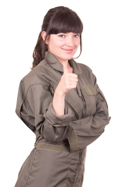 Beautiful young female pilot wearing uniform — Stok fotoğraf