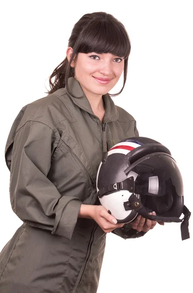 Krásná mladá žena pilotní hospodářství helma — Stock fotografie