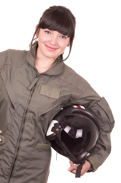 Beautiful young female pilot holding helmet — Stock Photo, Image