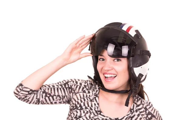 美しい楽しい幸せな若い女の子のヘルメットを着用 — ストック写真