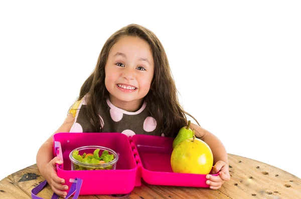 Cute little brunette girl with her healthy lunchbox — Stock Photo, Image