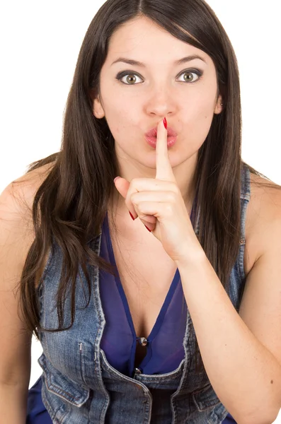 Beautiful young girl wearing blue crop top gesturing silence — Stock Photo, Image