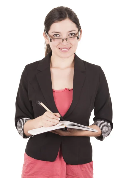 Retrato de una profesora guapa usando gafas y sosteniendo el libro —  Fotos de Stock