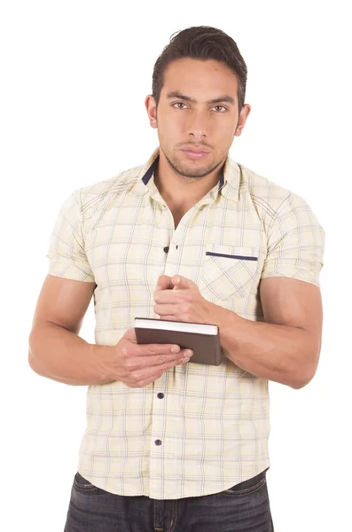 Joven guapo macho profesor holding notebook — Foto de Stock