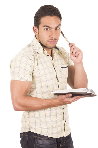 Jovem bonito masculino professor segurando notebook — Fotografia de Stock