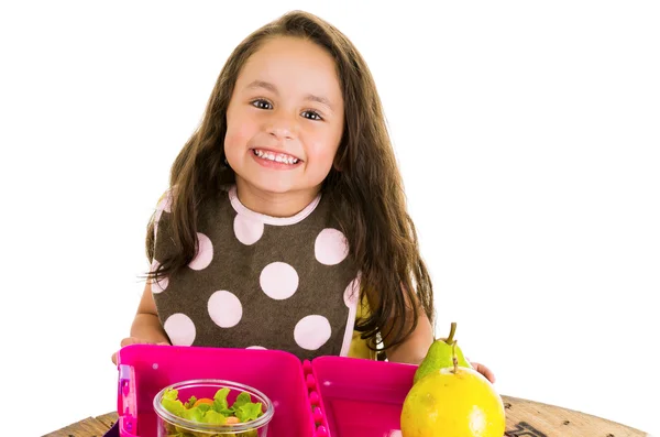 Χαριτωμένο μικρό κορίτσι μελαχρινή με υγιή lunchbox της — Φωτογραφία Αρχείου