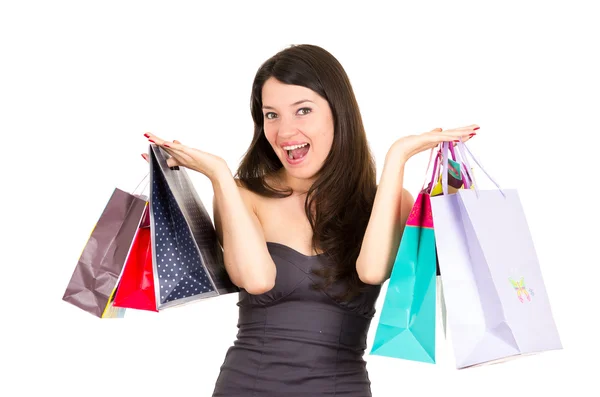 Beautiful young brunette smiling woman shopping holding bags Royalty Free Stock Images